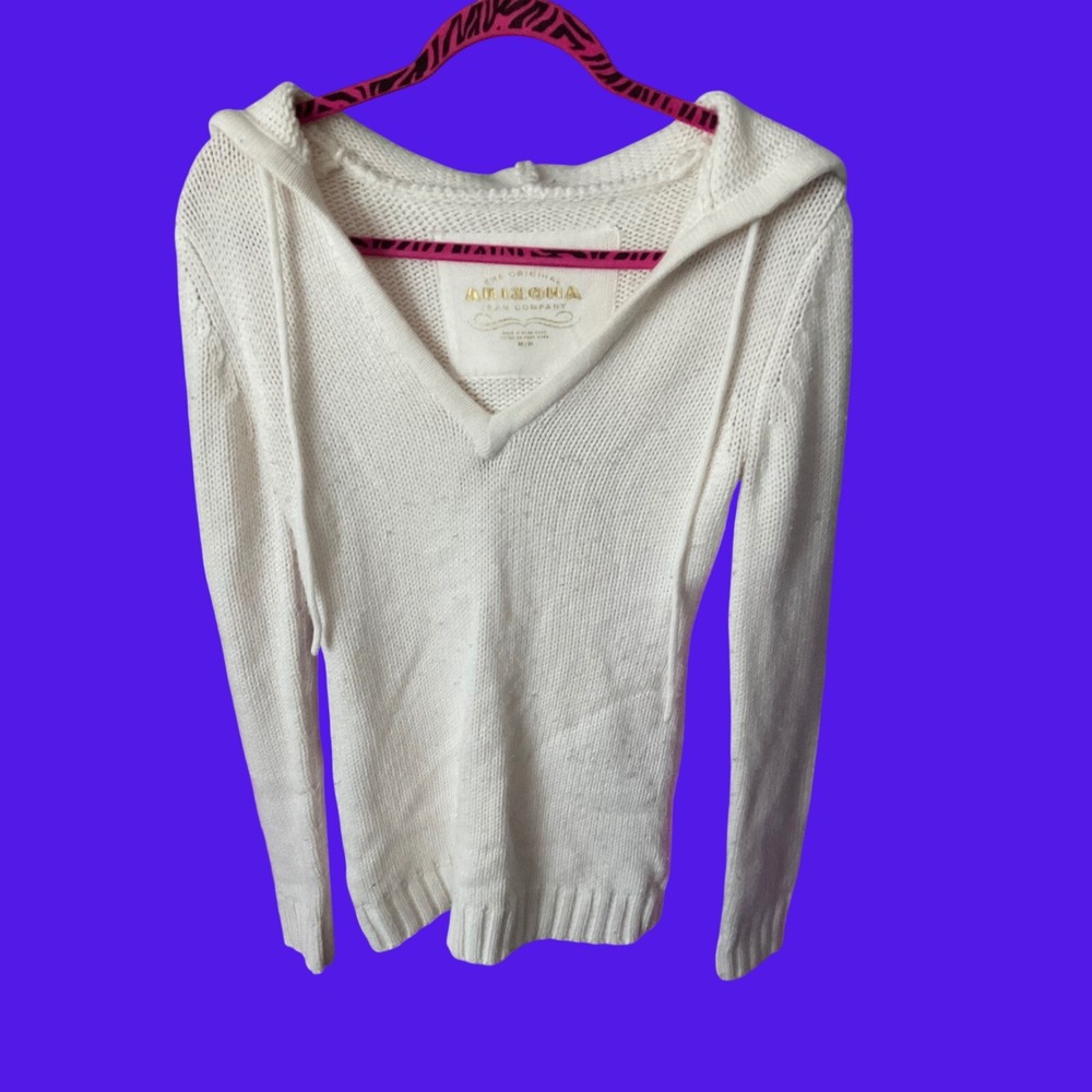 Arizona Jean Company White Knit Sweater Hoodie V-Neck Long Sleeve Medium